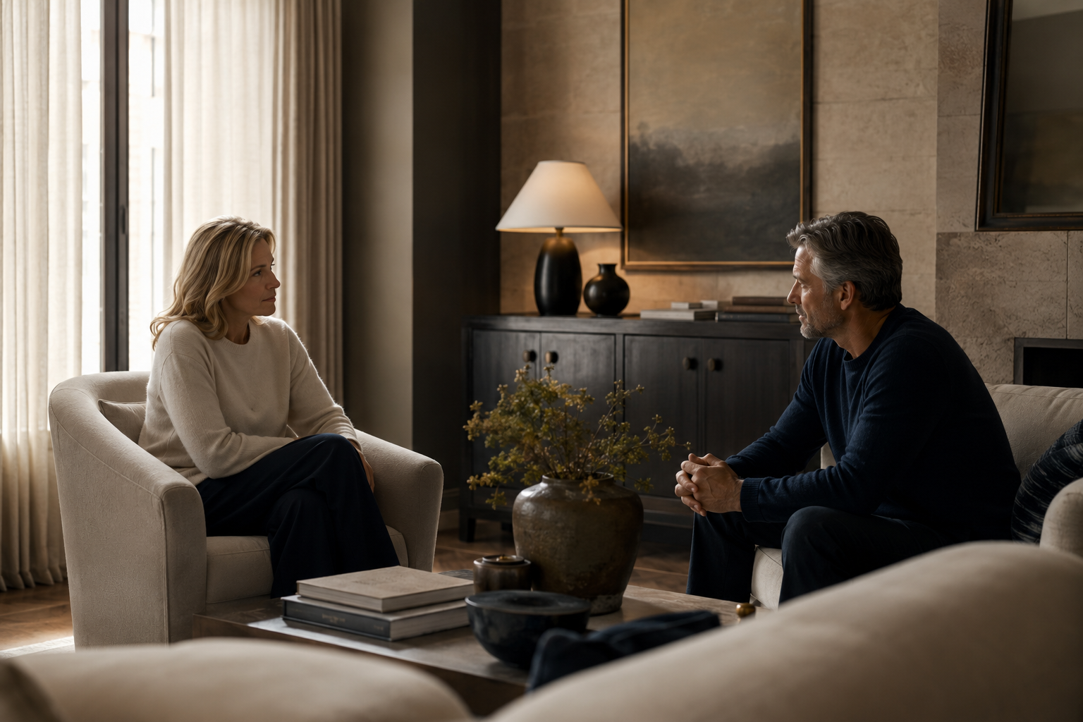 A married couple having a calm, thoughtful conversation